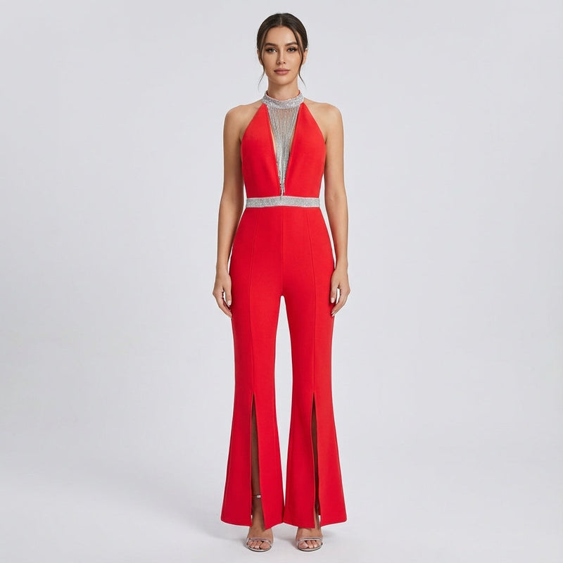 Clarissa Women's Jumpsuit | Crystal Fringe Halter Neck, Front Slit Flared Legs