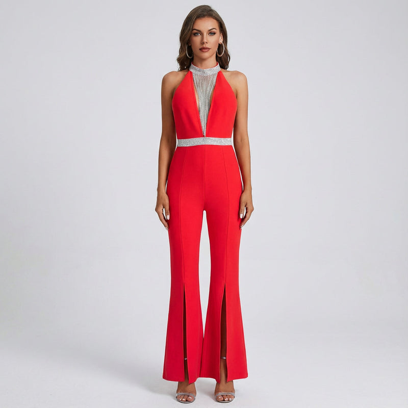Clarissa Women's Jumpsuit | Crystal Fringe Halter Neck, Front Slit Flared Legs