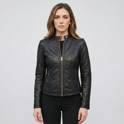 Everly Women's Leather Jacket | Zippered Biker Design, Fitted Silhouette