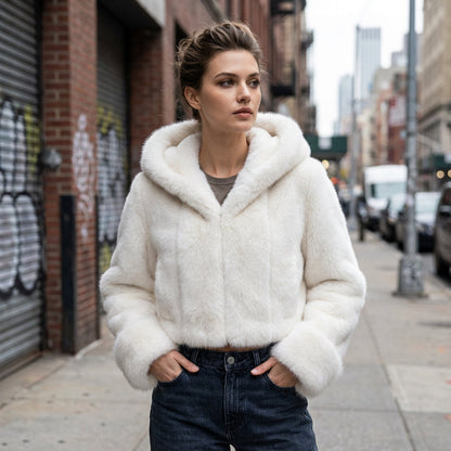 Haven Isabella Women’s Faux Fur Jacket | Oversized Hood, Plush Texture