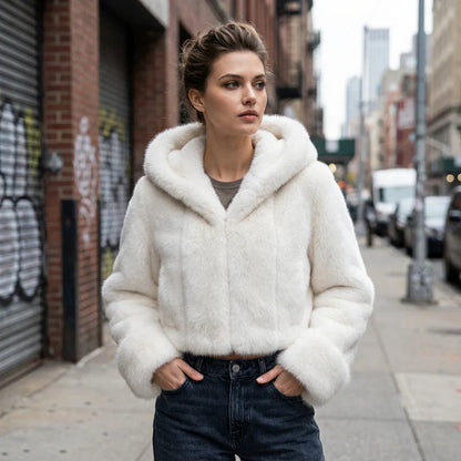 Pine Lyra Women’s Faux Fur Jacket | Oversized Hood, Plush Silhouette
