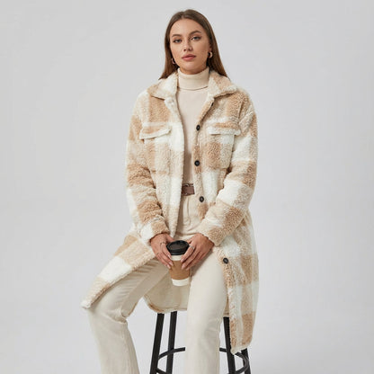Kestrel Penny Women's Teddy Fleece Coat | Cozy Plaid Design, Longline Winter Coat