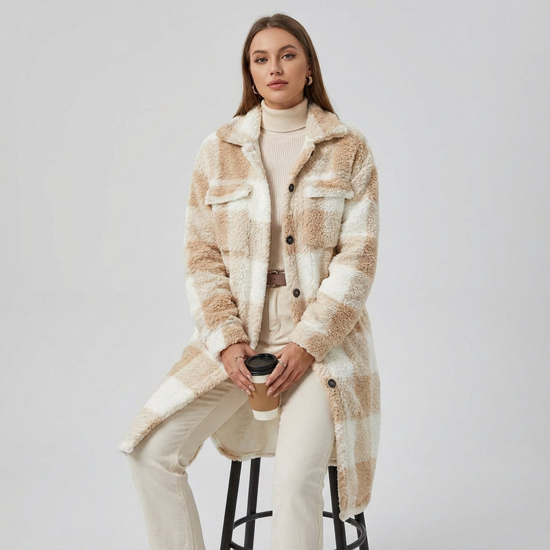 Kestrel Penny Women's Teddy Fleece Coat | Cozy Plaid Design, Longline Winter Coat
