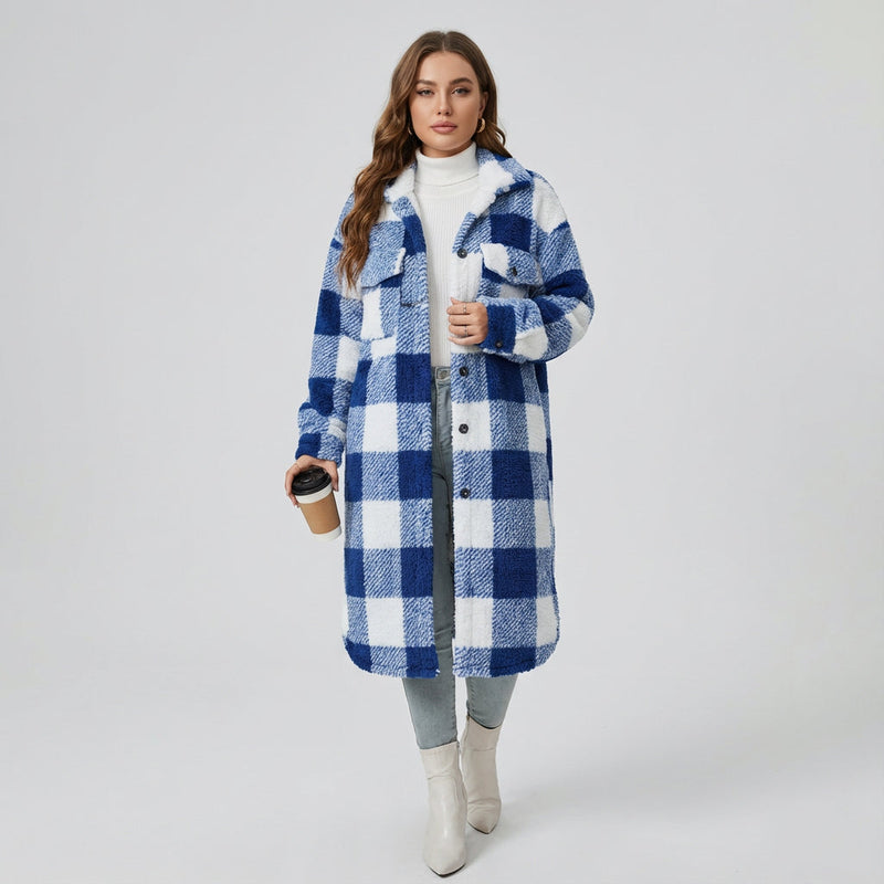 Kestrel Penny Women's Teddy Fleece Coat | Cozy Plaid Design, Longline Winter Coat