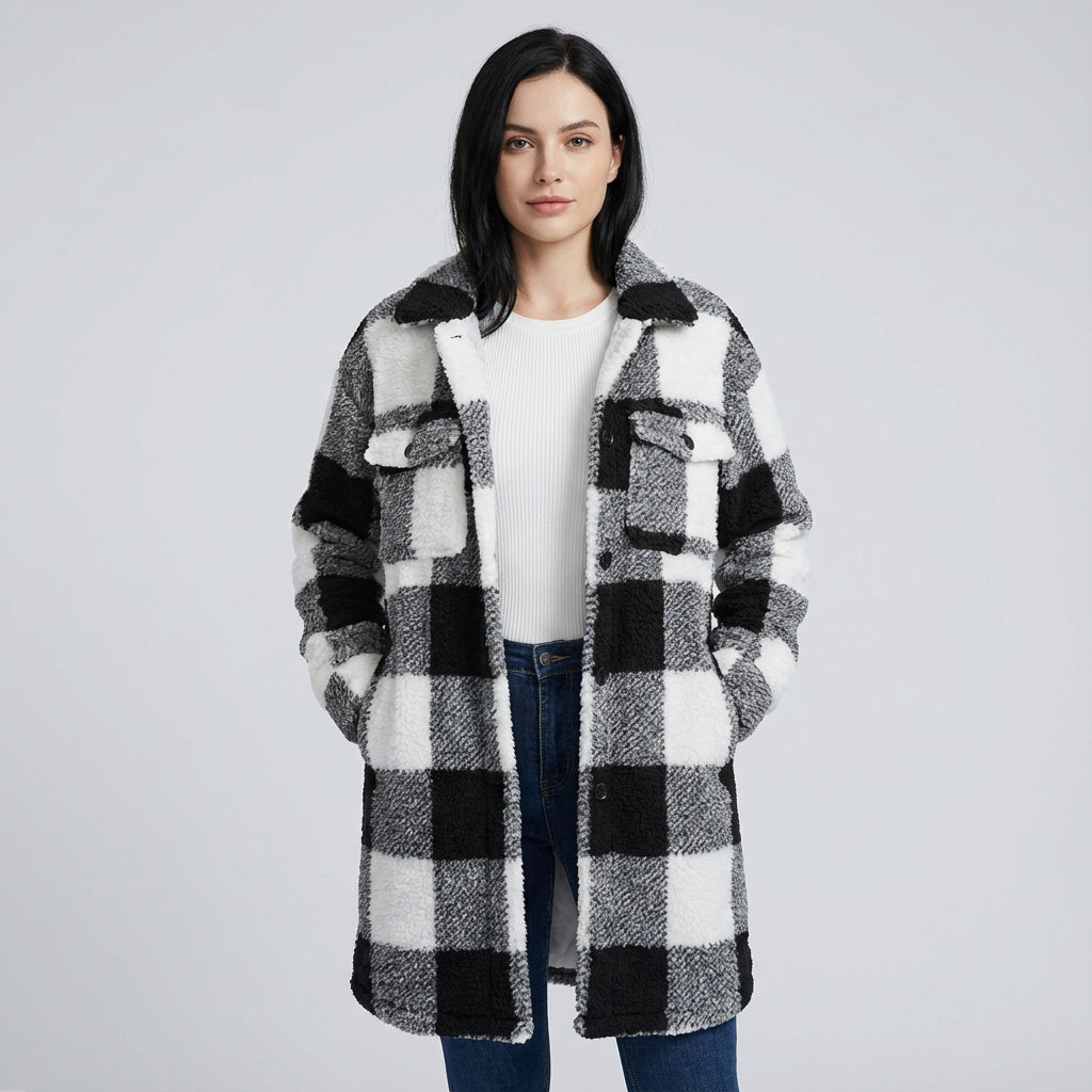 Kestrel Penny Women's Teddy Fleece Coat | Cozy Plaid Design, Longline Winter Coat