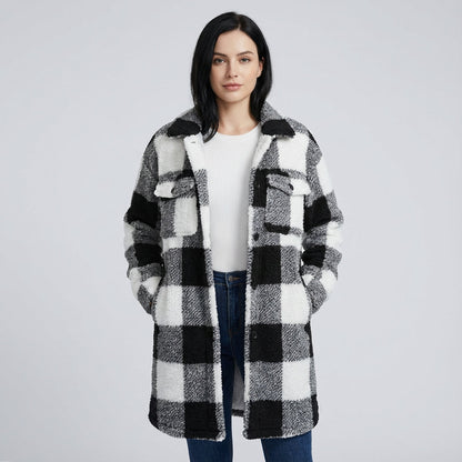 Kestrel Penny Women's Teddy Fleece Coat | Cozy Plaid Design, Longline Winter Coat