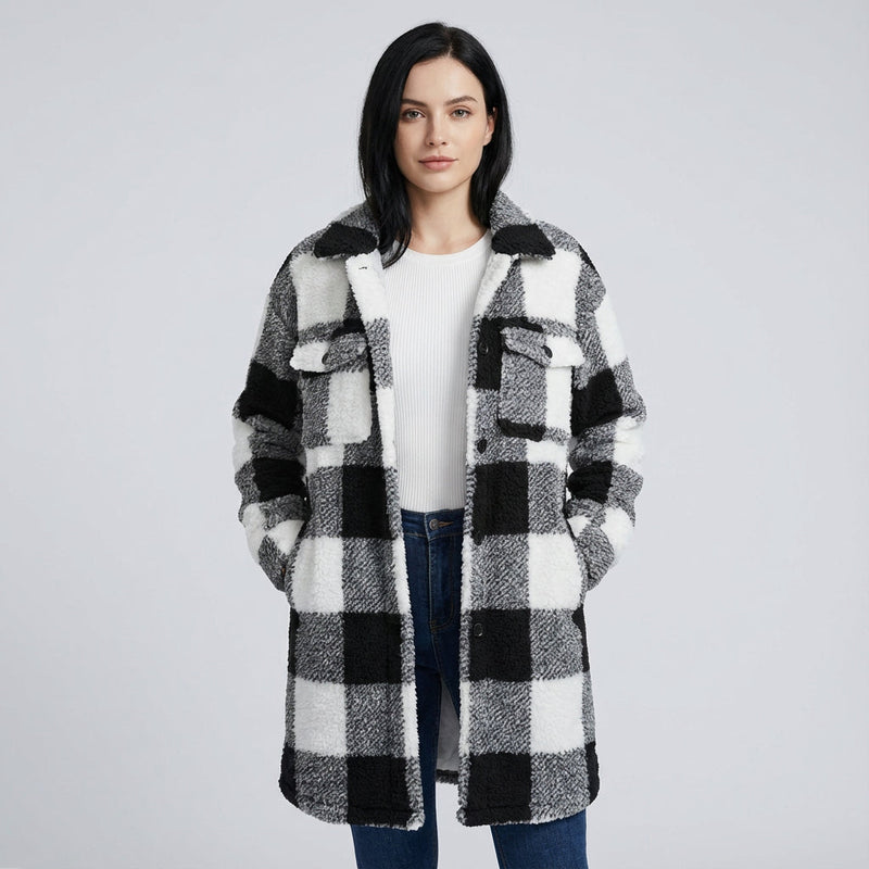 Kestrel Penny Women's Teddy Fleece Coat | Cozy Plaid Design, Longline Winter Coat