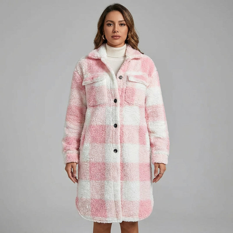 Kestrel Penny Women's Teddy Fleece Coat | Cozy Plaid Design, Longline Winter Coat