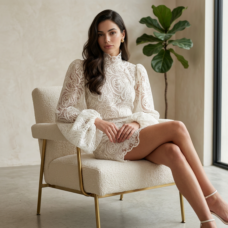 Robe mini pour femmes Fiona | Dentelle élégante, col montant