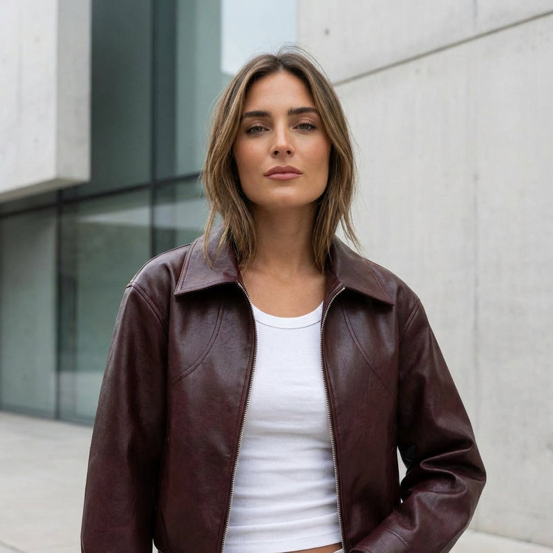 Onyx Marina Women’s Cropped Leather Jacket | Zip-Front Closure, Lapel Collar