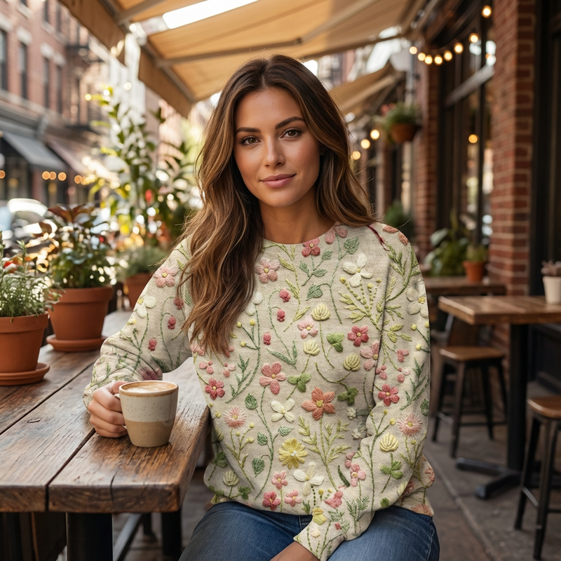 Elowyn Women’s Sweater | Floral Embroidery, Crew Neck