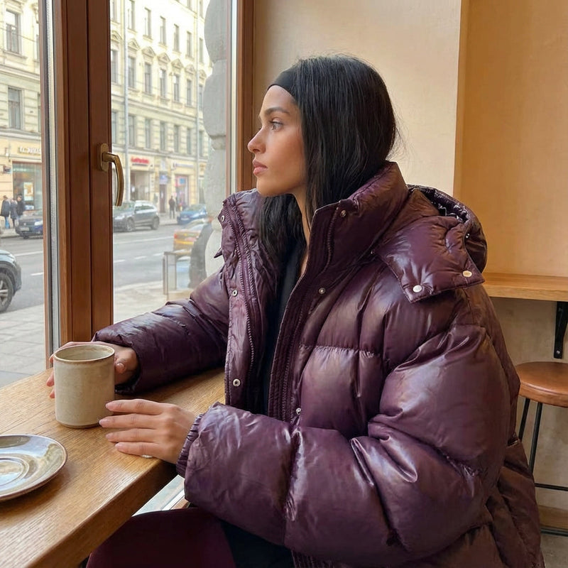 Veda Women's Oversized Puffer Jacket | Glossy Quilted Shell, Snap-Tab Hood