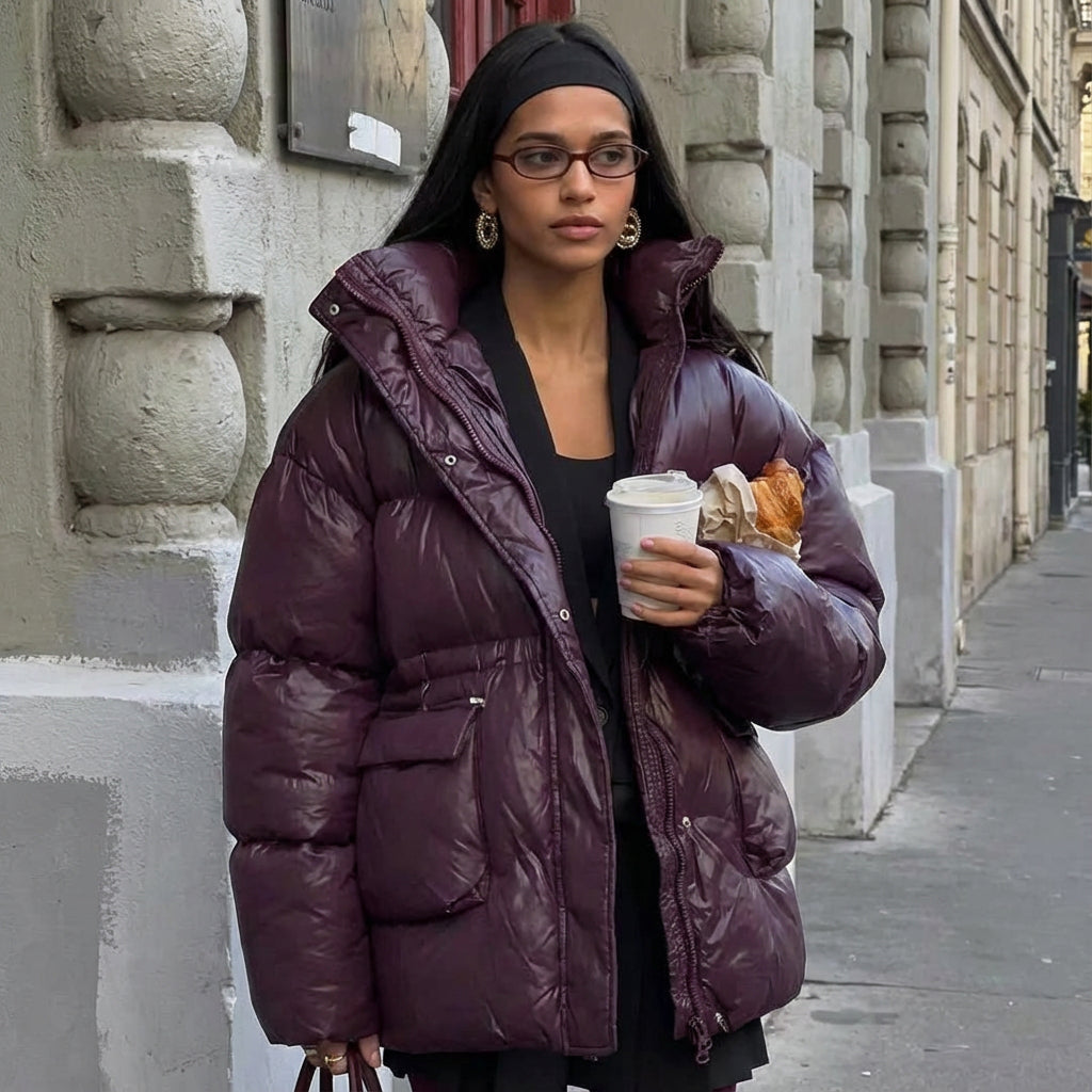Veda Women's Oversized Puffer Jacket | Glossy Quilted Shell, Snap-Tab Hood