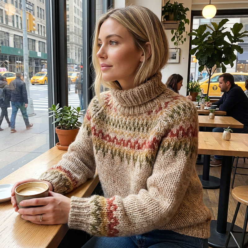 Suéter de punto nórdico para mujer Aureline | Cuello Alto, Patrón Herencia