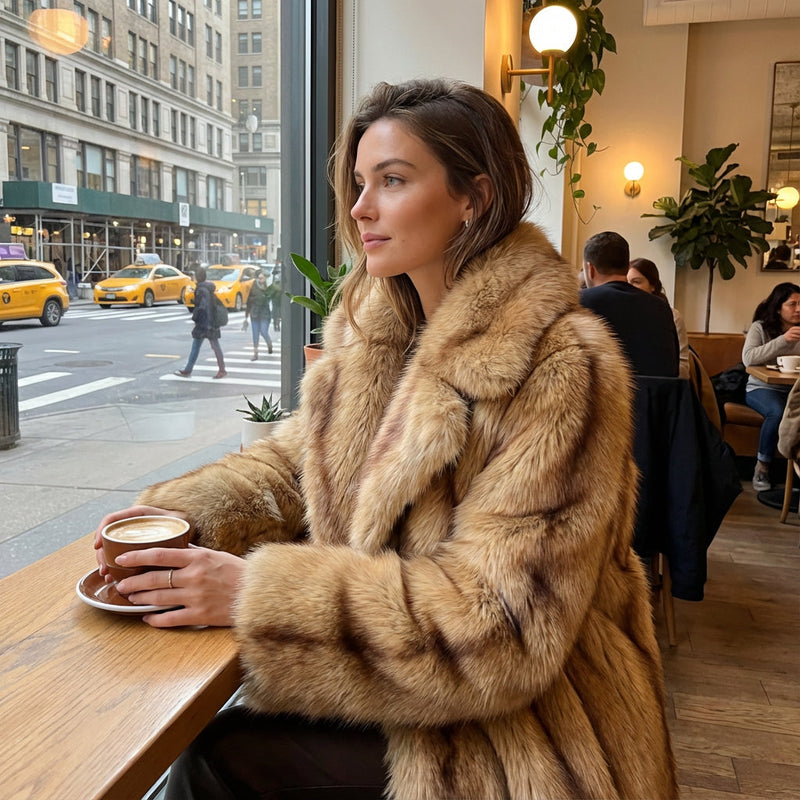 Nina Women's Maxi Coat | Faux Fur, Striped Design