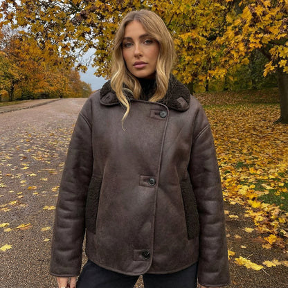 Veste en simili cuir pour femmes Nora | Boutonnée devant, col bordé de shearling
