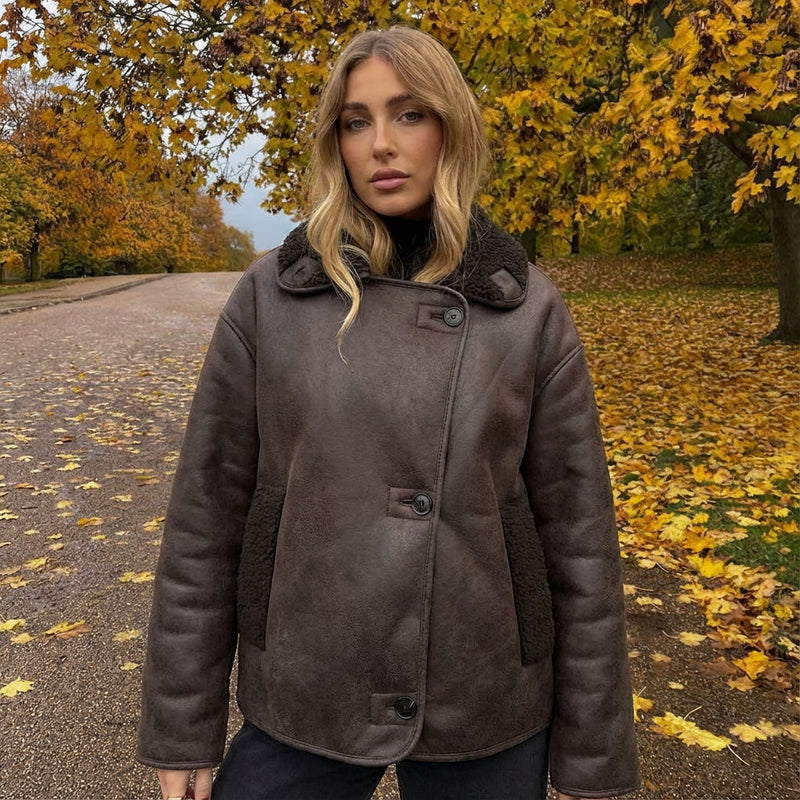 Veste en simili cuir pour femmes Nora | Boutonnée devant, col bordé de shearling