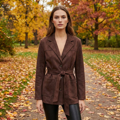 Elena Women’s Suede Blazer | Belted Waist, Lapel Collar