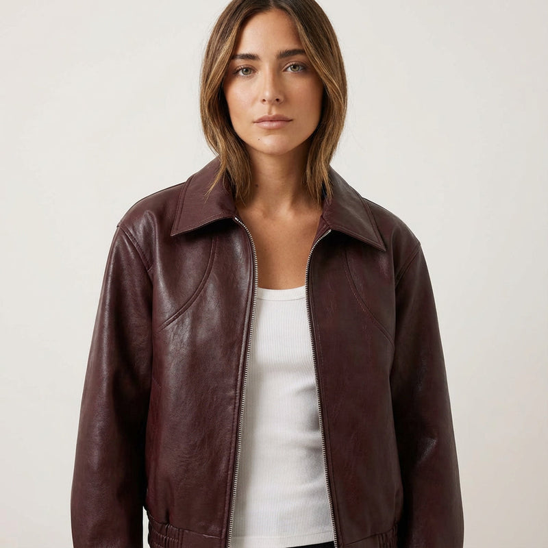 Onyx Marina Women’s Cropped Leather Jacket | Zip-Front Closure, Lapel Collar