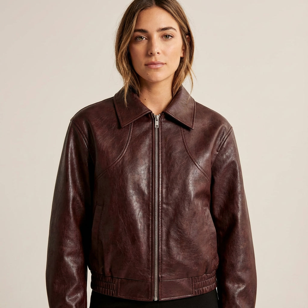 Onyx Marina Women’s Cropped Leather Jacket | Zip-Front Closure, Lapel Collar