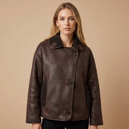 Veste en simili cuir pour femmes Nora | Boutonnée devant, col bordé de shearling