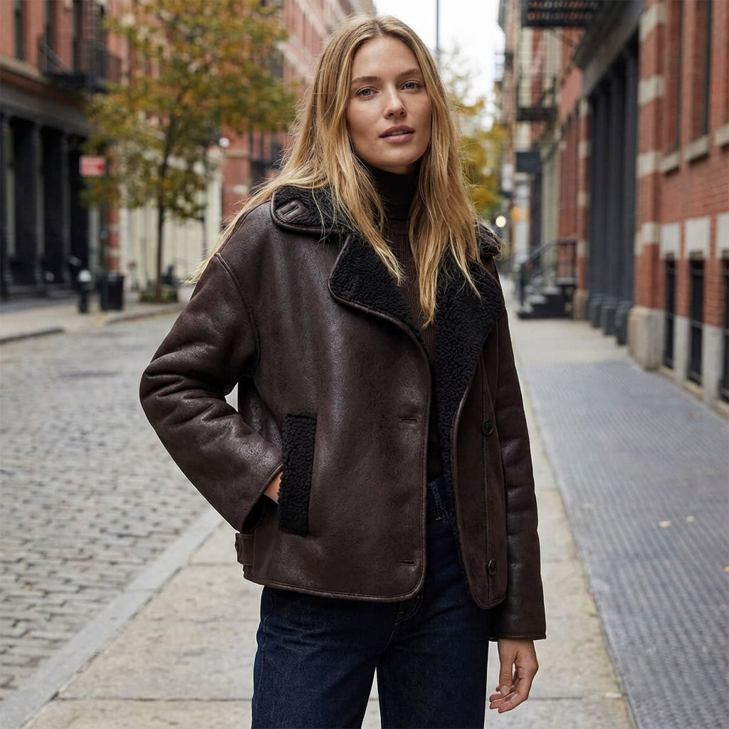 Veste en simili cuir pour femmes Nora | Boutonnée devant, col bordé de shearling