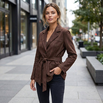 Elena Women’s Suede Blazer | Belted Waist, Lapel Collar