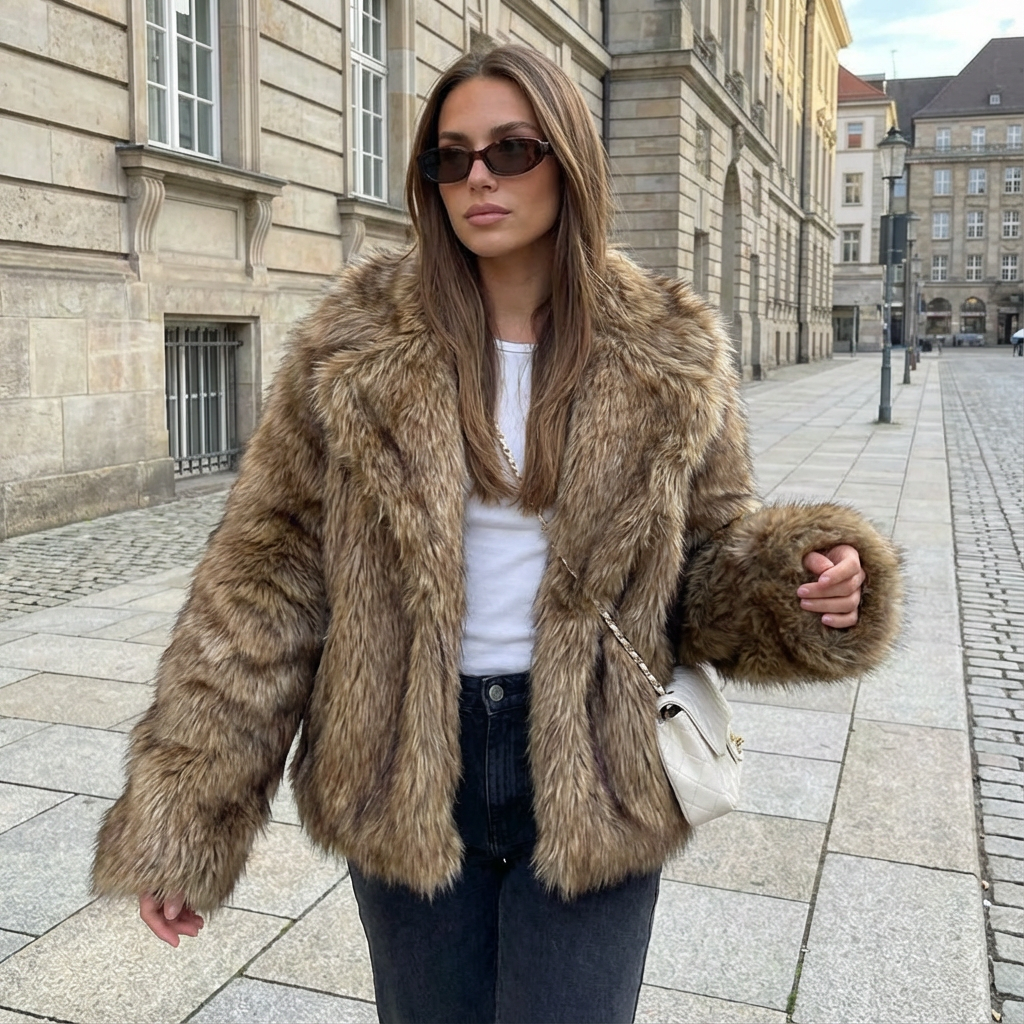 Manteau en fausse fourrure femme Vienna | Fausse fourrure caramel chaud, large col à revers