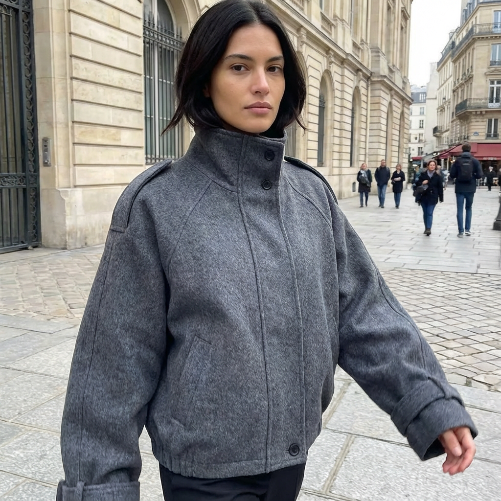 Aria Women’s Cropped Coat | Stand Collar, Relaxed Silhouette