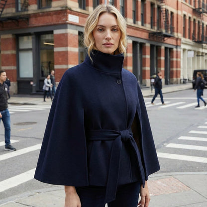 Elowen Women’s High-Neck Cape Jacket | Belted Waist, Cape Silhouette