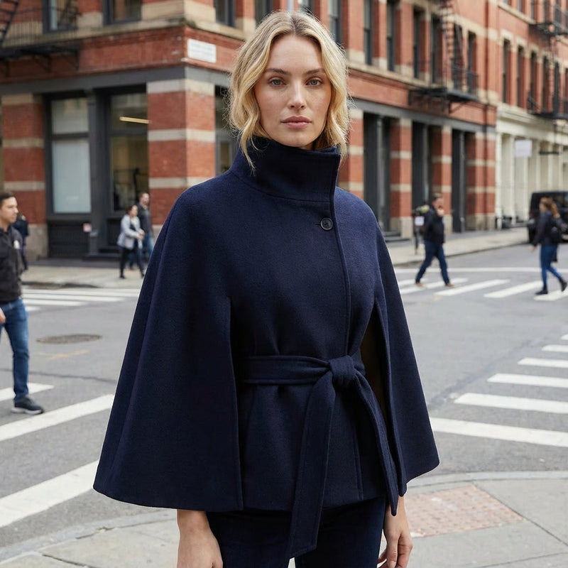 Elowen Women’s High-Neck Cape Jacket | Belted Waist, Cape Silhouette