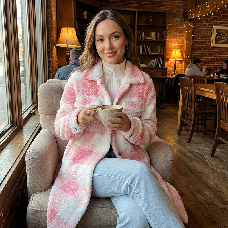 Kestrel Penny Women's Teddy Fleece Coat | Cozy Plaid Design, Longline Winter Coat