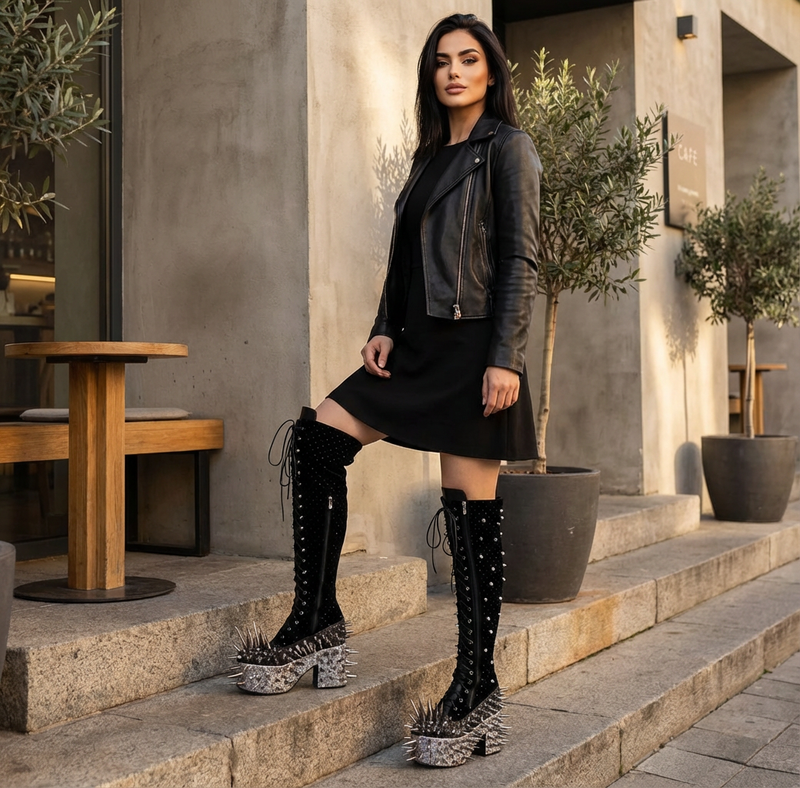 Punk Spiked Knight Boots | Thick Sole, Over Knee Design