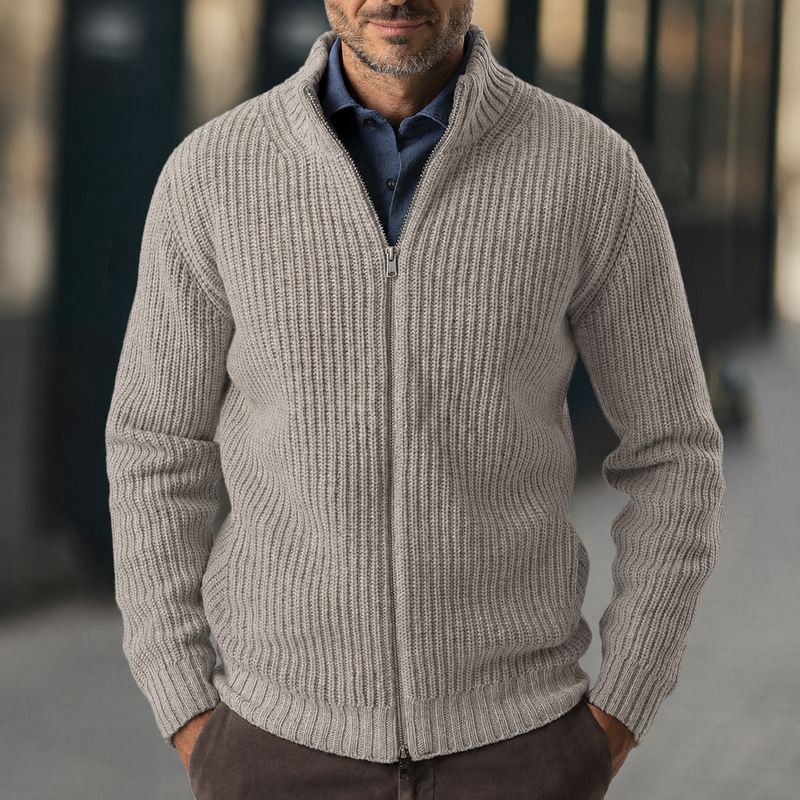 Ambrose Men's Ribbed Knit Sweater | Zip, Khaki