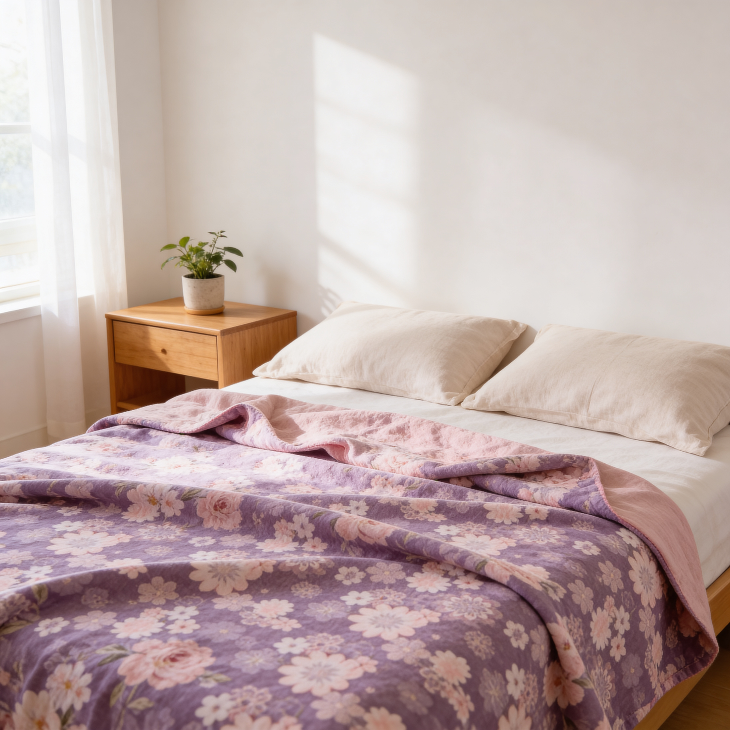 Reverie Floral Cotton Gauze Blanket styled on a made bed in a sunlit bedroom