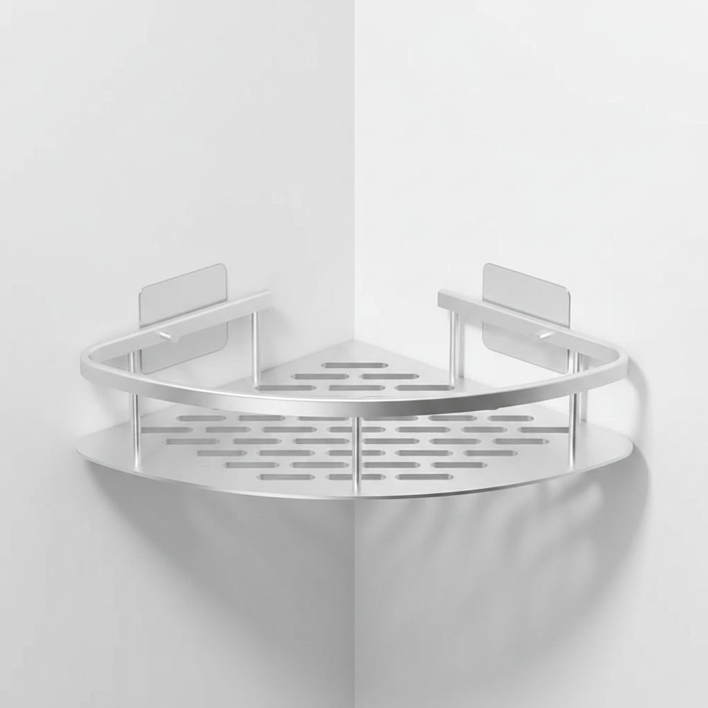 Aluma Curve Shower Caddy - Silver matte aluminium corner shelf, self-adhesive mount