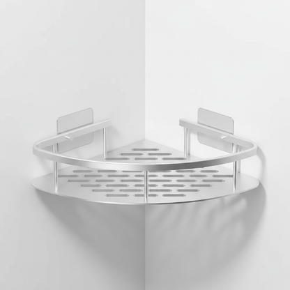 Aluma Curve Shower Caddy - Silver matte aluminium corner shelf, self-adhesive mount
