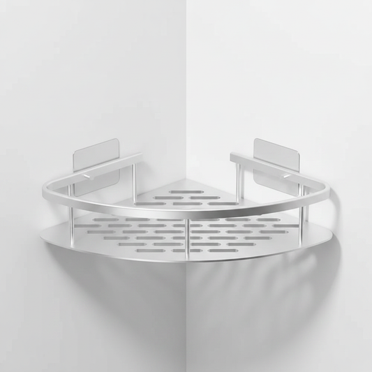 Aluma Curve Shower Caddy - Silver matte aluminium corner shelf, self-adhesive mount