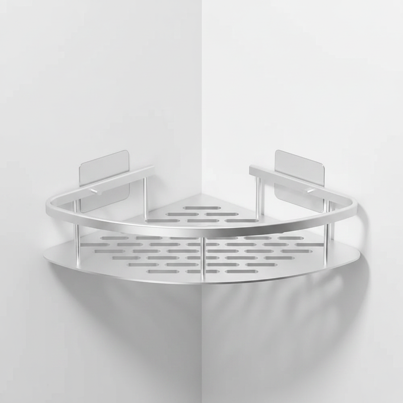 Aluma Curve Shower Caddy - Silver matte aluminium corner shelf, self-adhesive mount