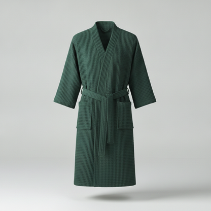 Waffle V-Neck Cotton Bathrobe in Dark Green - clean studio product photo