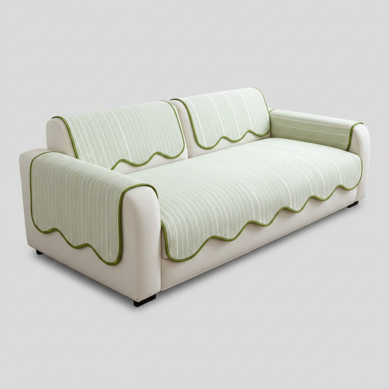 Herringbone Sofa Cover with Scalloped Edge - Sage Stripe