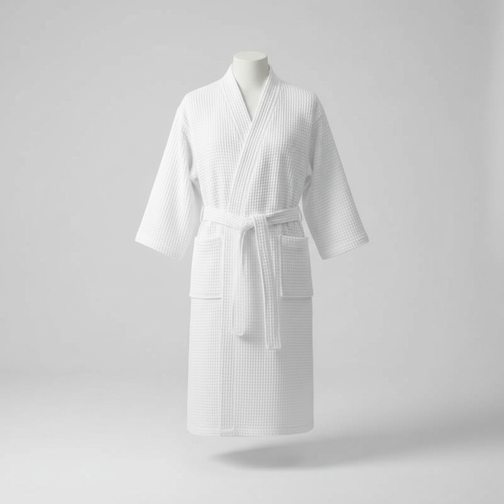 Waffle V-Neck Cotton Bathrobe in White - clean studio product photo