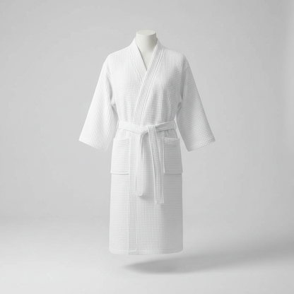 Waffle V-Neck Cotton Bathrobe in White - clean studio product photo