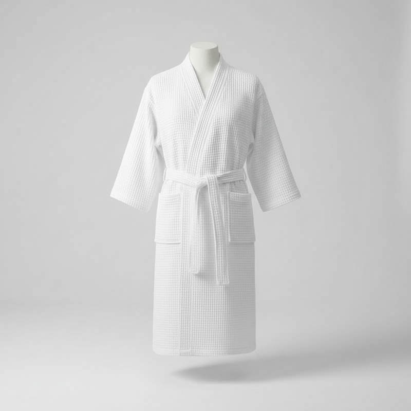 Waffle V-Neck Cotton Bathrobe in White - clean studio product photo