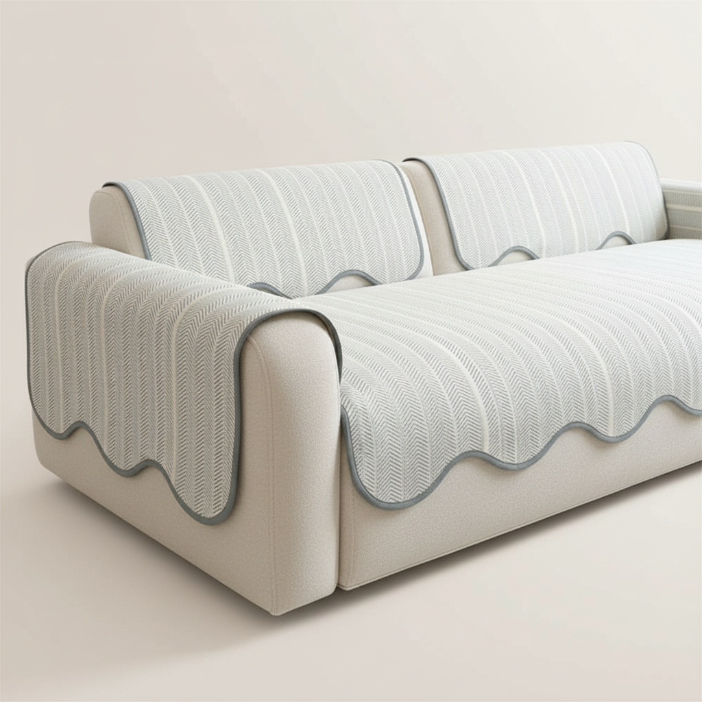 Herringbone Sofa Cover with Scalloped Edge - Mist Chevron