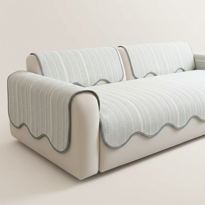 Herringbone Sofa Cover with Scalloped Edge - Mist Chevron