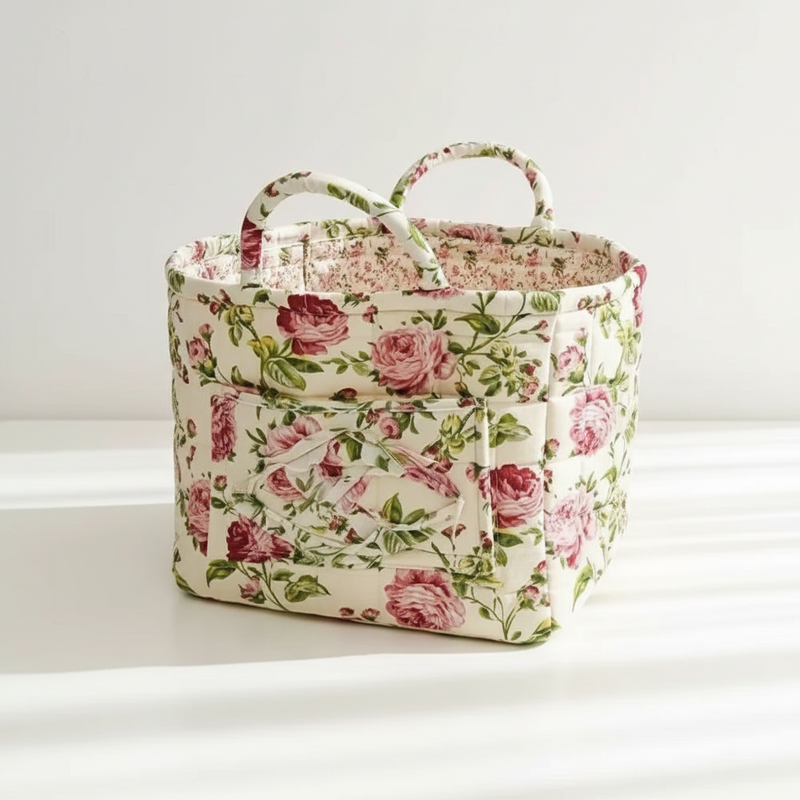 Floral Canvas Storage Basket - Iris (ivory pink roses)