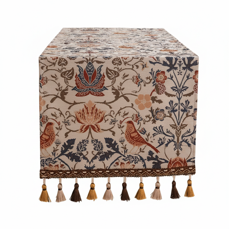 Vintage Floral & Bird Jacquard Table Runner | Tasselled Edges, Easy Care