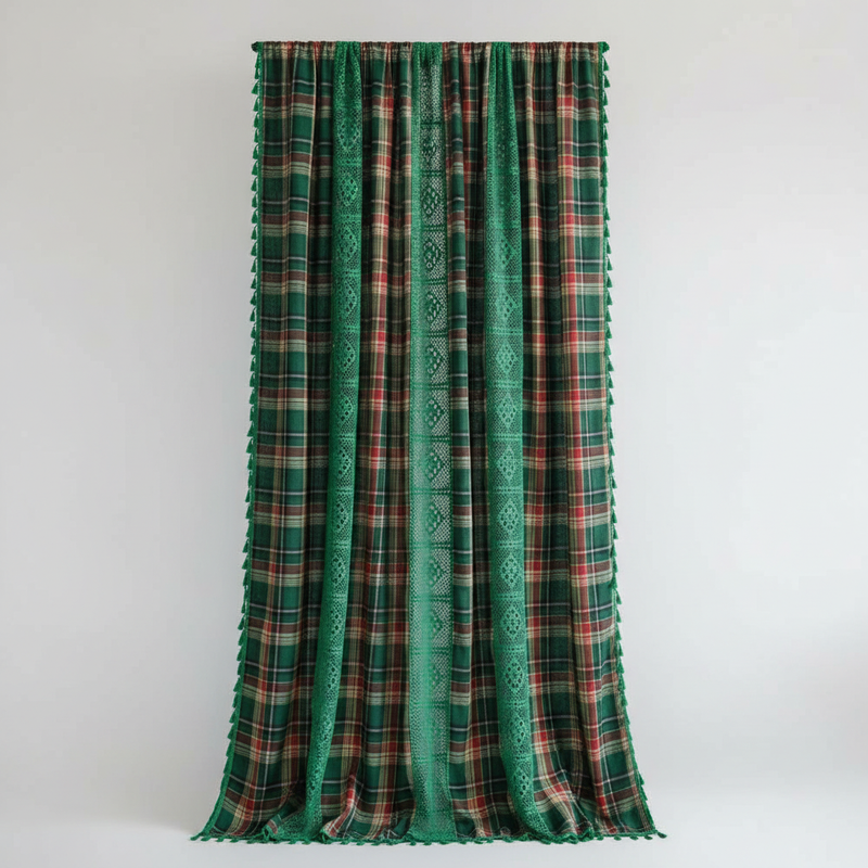 Tartan Crochet Lace Tassel Curtain | Vintage Plaid, Semi-Shade