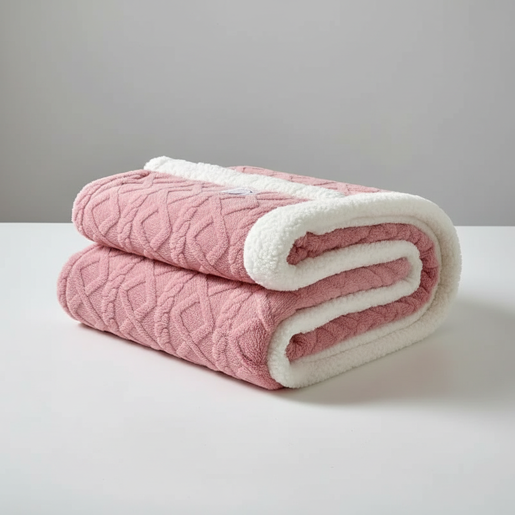 Reversible Sherpa Throw Blanket in Blush Pink - folded, plush fleece and sherpa reverse